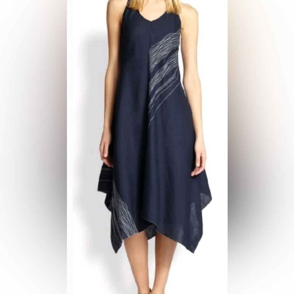 Eileen Fisher Navy Blue Irish Linen Asymmetric Handkerchief Hem Dress Sz XS